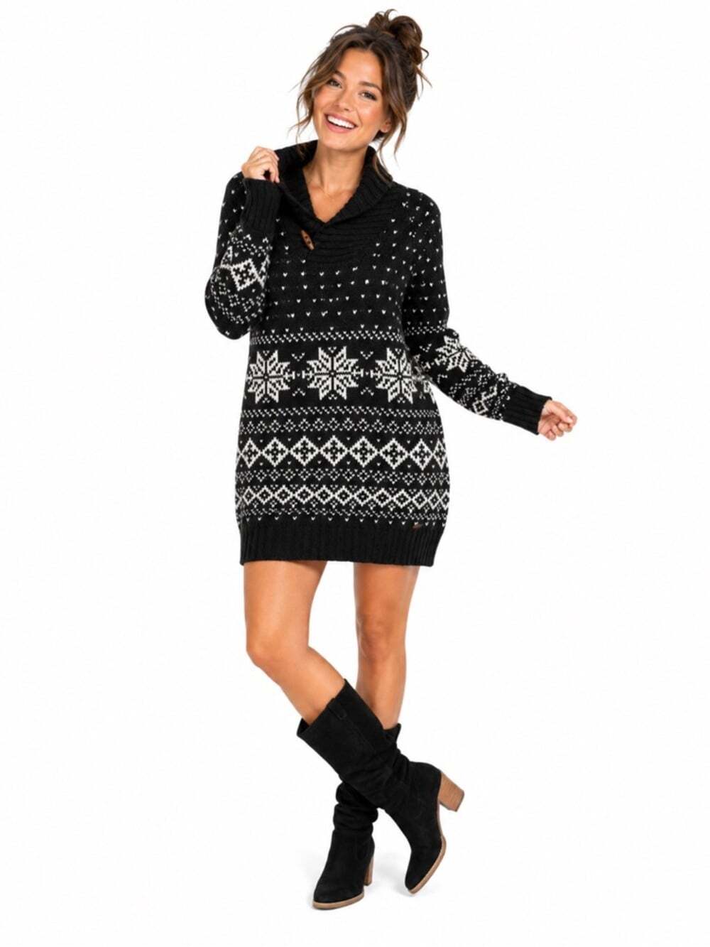 Roots Black White Snowflake Cowl Neck Sweater XS Wool Blend Toggle Cozycore